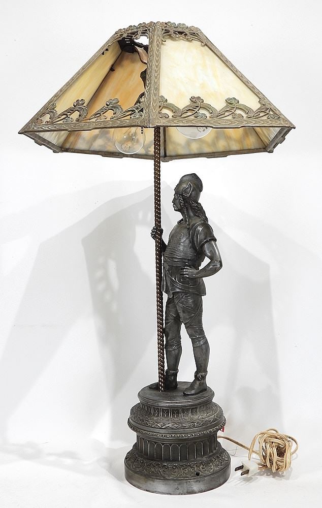 Spelter Figural Table Lamp w/ Caramel Glass Shade (one panel missing). (1 of 4)