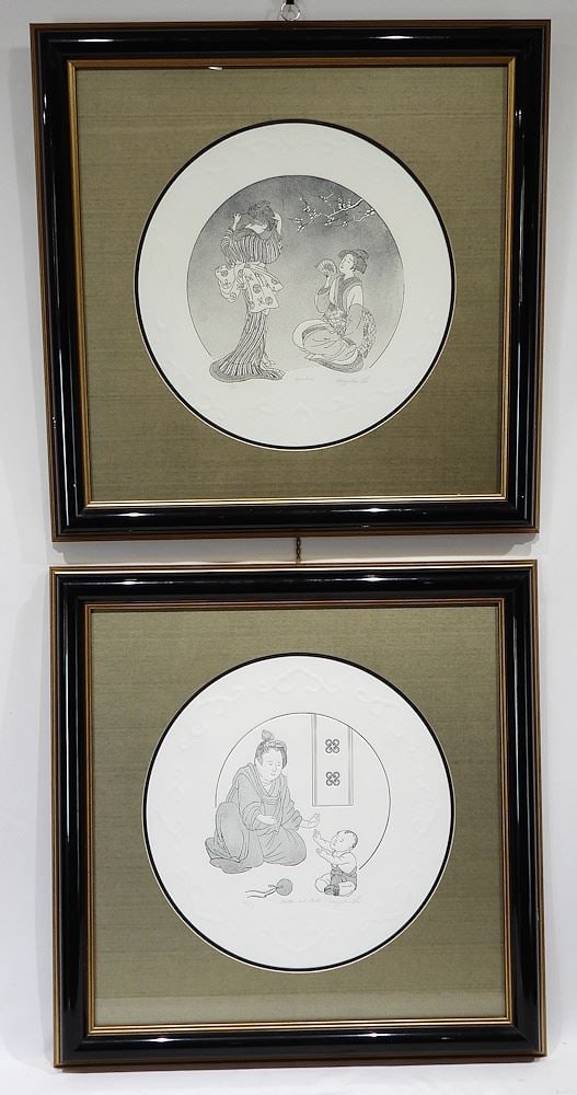 Pair of Engravings signed Mary Ann Lis, 16 3/4" Diameter, "Mother & Child" & "Beauties". (1 of 5)