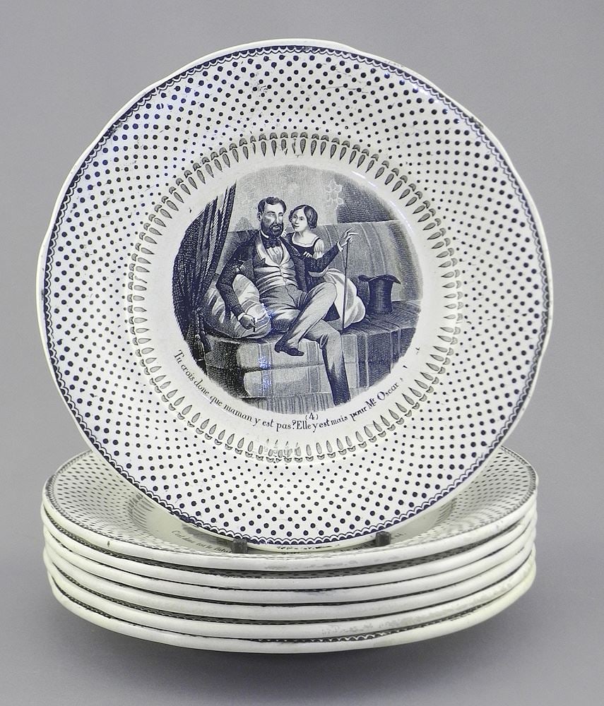 Six LeBeuf Milliet & Co. French Earthenware, Humorous Plates (crack & chips noted). (1 of 4)