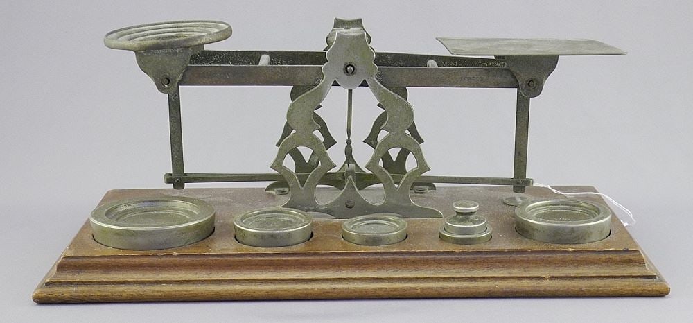 Set of Antique Postal Scales w/ Weights, 12"w. (1 of 4)