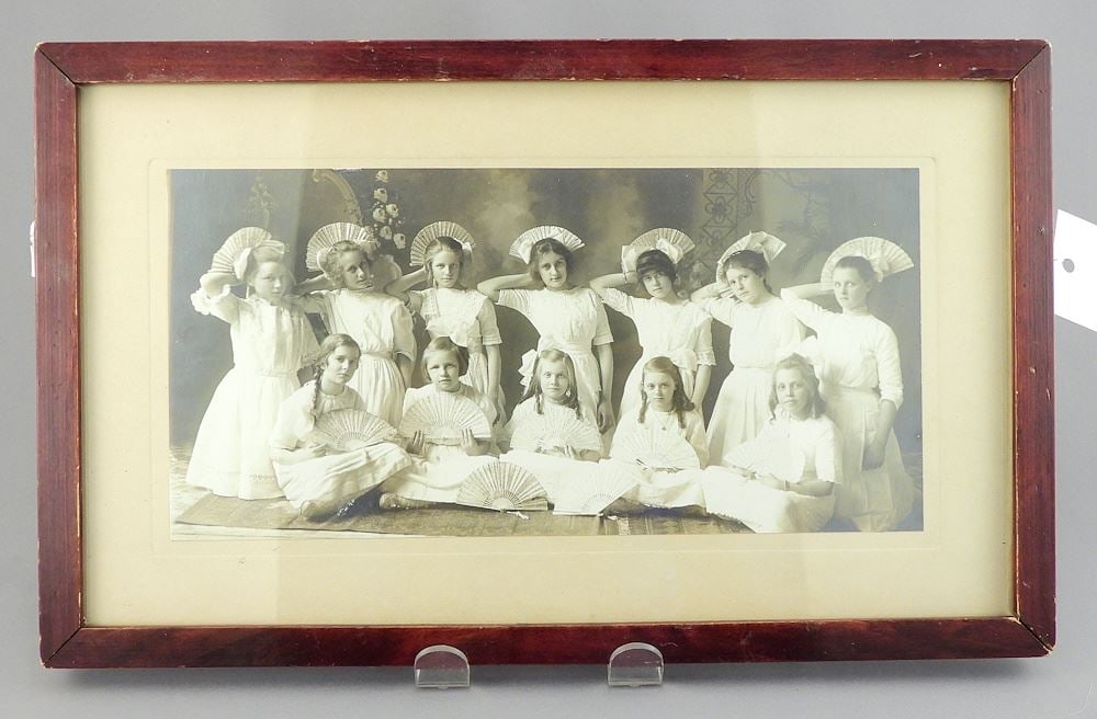 Vintage Black & White Photograph "Girls With Fans", 4 5/8 x 9 1/2". (1 of 1)