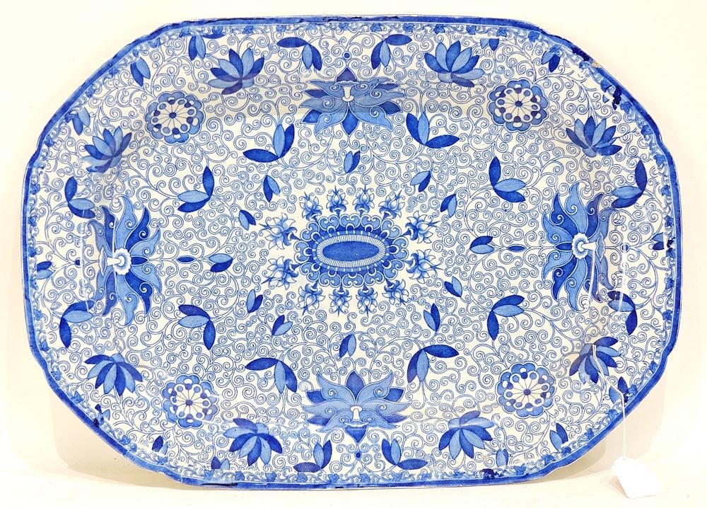 Staffordshire Blue & White Platter, 20 1/4"L (chip/hairline noted).: Staffordshire Blue & White Platter, 20 1/4"L (chip/hairline noted).