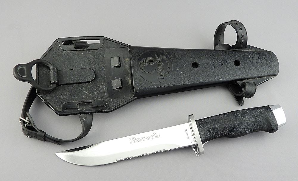 Eternal Diving Knife in Sheath w/Bunn's Marked Blade, Knife 11 5/8" h.: Eternal Diving Knife in Sheath w/Bunn's Marked Blade, Knife 11 5/8" h.