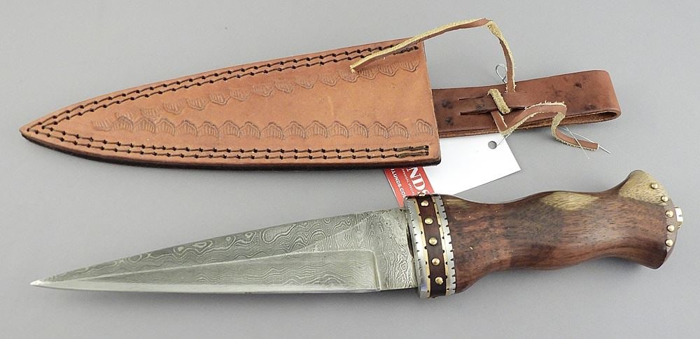 Handmade Damascus Steel Knife w/ Leather Sheath, 12 1/2"L. (1 of 2)