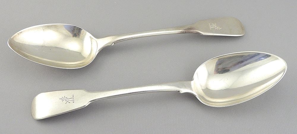 Pair of London Hallmarked Armorial Serving Spoons (marked TB & WF), 8 3/4"L, 147g. (1 of 5)