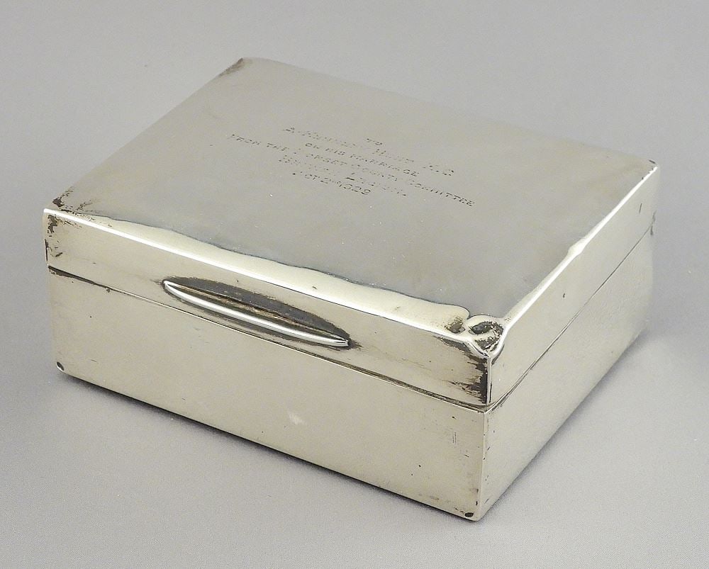 Hallmarked Silver Cigarette Box Inscribed, 4 5/8"L, TW 308g (variously dented). (1 of 8)