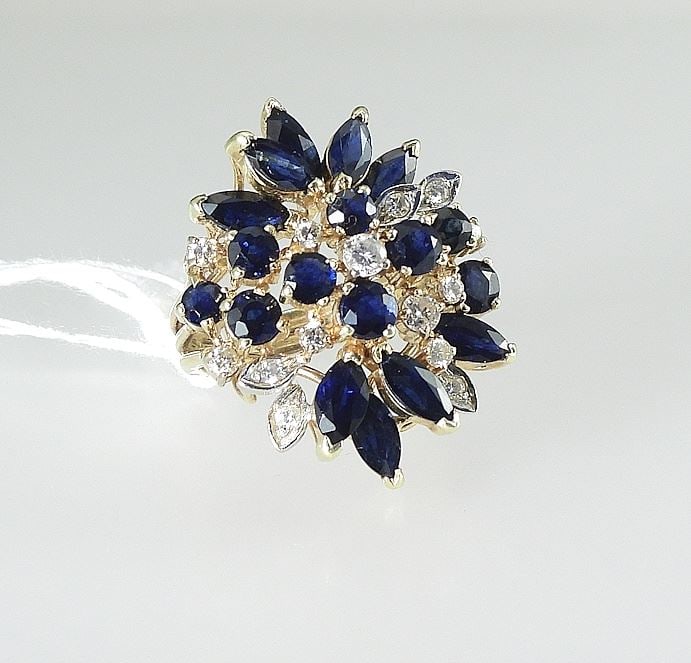 14K (marked 585) Gold Sapphire & Diamond Ring, Size 6 1/2, 9.3g. (1 of 4)