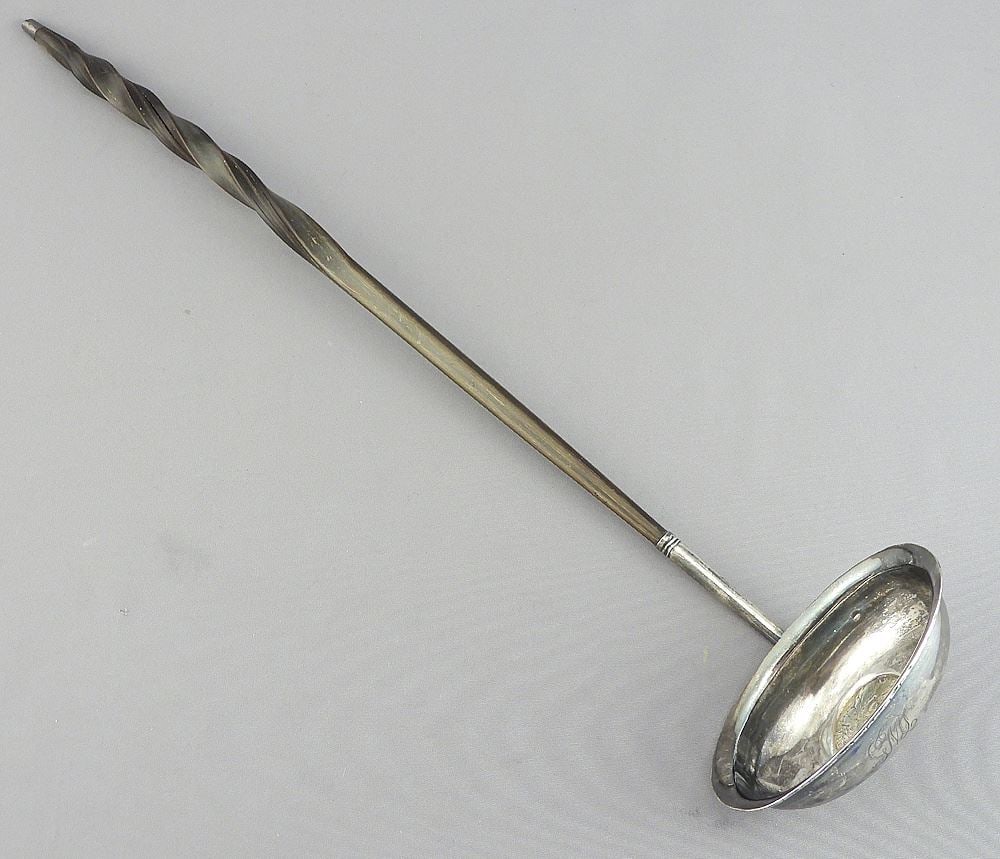 Unmarked Silver 1758 Coin Inset Toddy w/Baleen Handle, 12 3/4"L, TW 42g, CDN BIDDERS ONLY. (1 of 4)