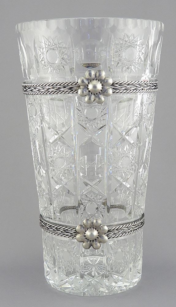 Cornflower Crystal Vase w/Metal- Wrapped Bands, 11 1/8"h.: Cornflower Crystal Vase w/Metal- Wrapped Bands, 11 1/8"h.