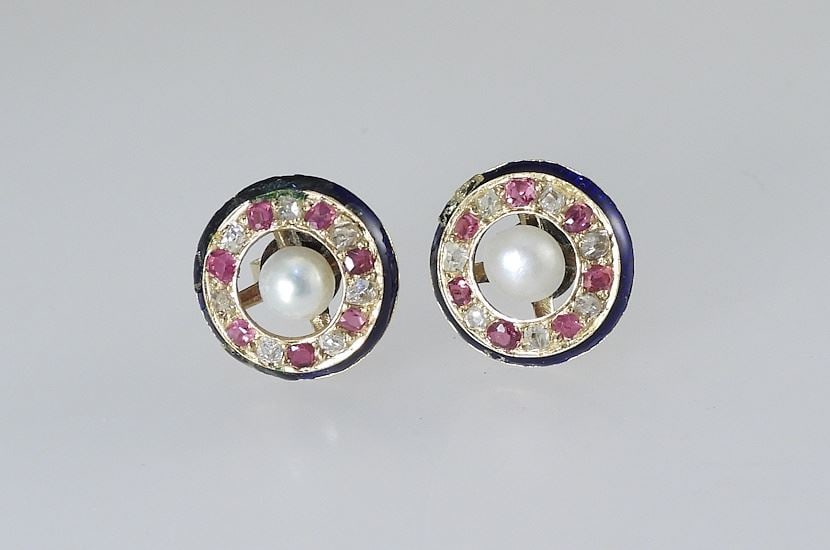 14K Gold Custom Handmade Diamond Ruby and Pearl Earrings, Pr. 3.2 Grams. (1 of 4)