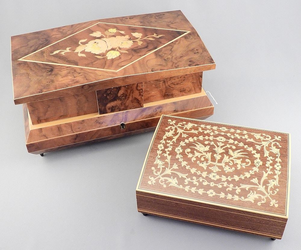 Two Italian Sorrentine Marquetry Boxes, 6 3/4" & 10 1/8"w. (1 of 6)