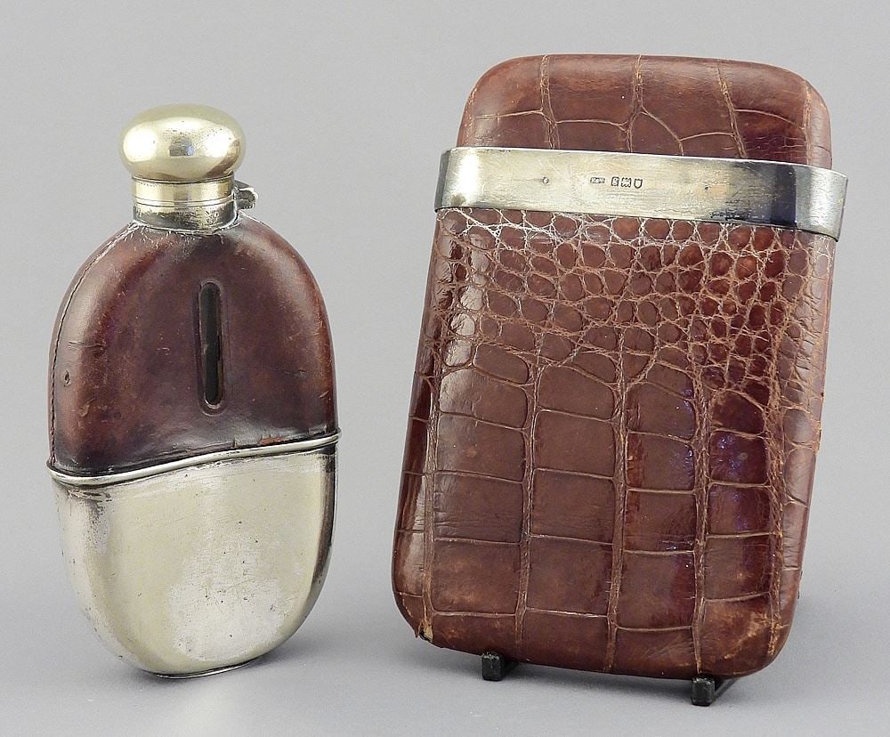 Hallmarked Silver Banded Reptile Skin Cigar Case (6 1/4"h) w/Plated Flask, 5 3/4"h. (1 of 4)