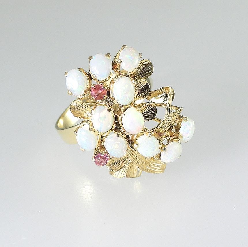 18K (marked) Gold Opal & Ruby Cocktail Ring, Size 9, 6.2g.: 18K (marked) Gold Opal & Ruby Cocktail Ring, Size 9, 6.2g.