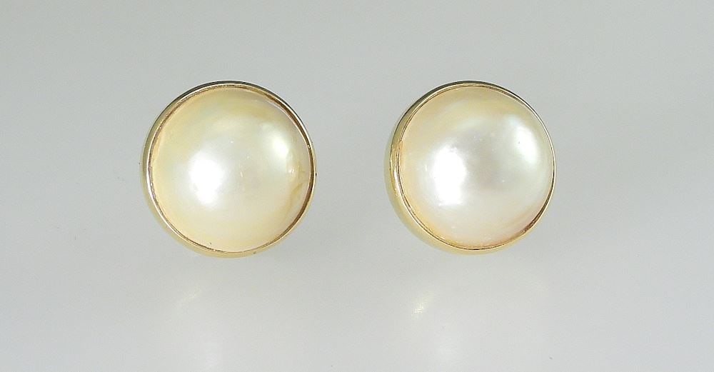 Pair of 14K Gold Pave Pearl Earrings - 6.80 grams TW.: Pair of 14K Gold Pave Pearl Earrings - 6.80 grams TW.