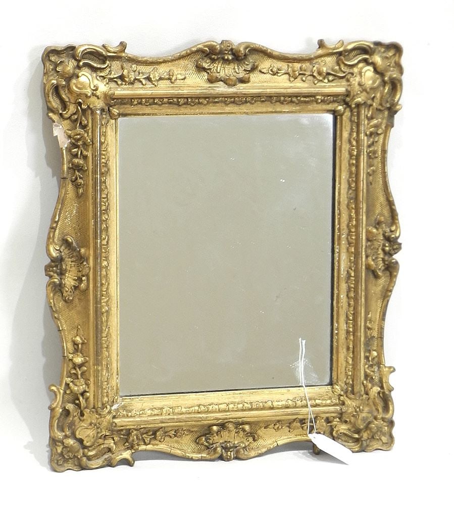 19th C. Gessoed Looking Glass, Mirror 10 3/8 x 8 1/2", Outer 16 x 14" (loss noted).: 19th C. Gessoed Looking Glass, Mirror 10 3/8 x 8 1/2", Outer 16 x 14" (loss noted).