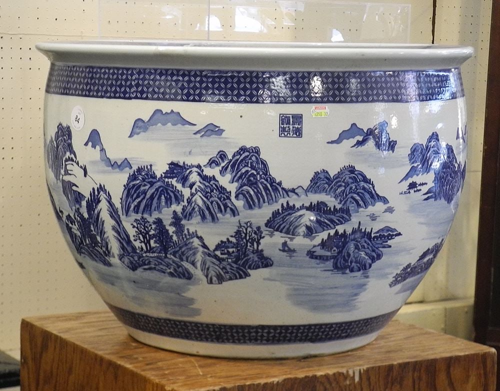 Chinese Blue & White Porcelain Jardiniere, 14 3/4 x 22' Diameter.: Chinese Blue & White Porcelain Jardiniere, 14 3/4 x 22' Diameter.