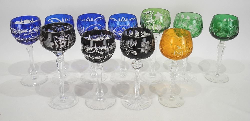 Eleven Bohemian Overlay Crystal Goblets, 7 3/4 - 8 1/8"h. (1 of 3)