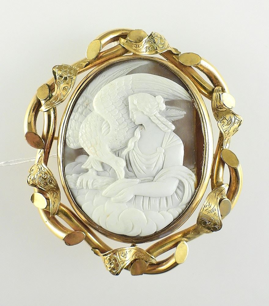 19th C. Cameo "Leda & The Swan" in Gold Tone Surround, 3"h, 43g. (1 of 3)