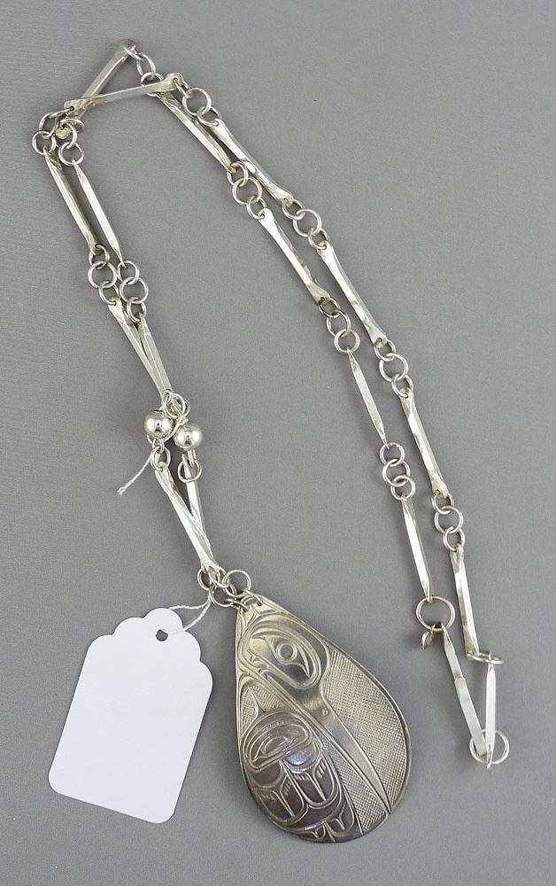 Northwest Coast Silver "Hummingbird" Teardrop Pendant on Chain (unmarked) , 27"L, 37g. (1 of 3)