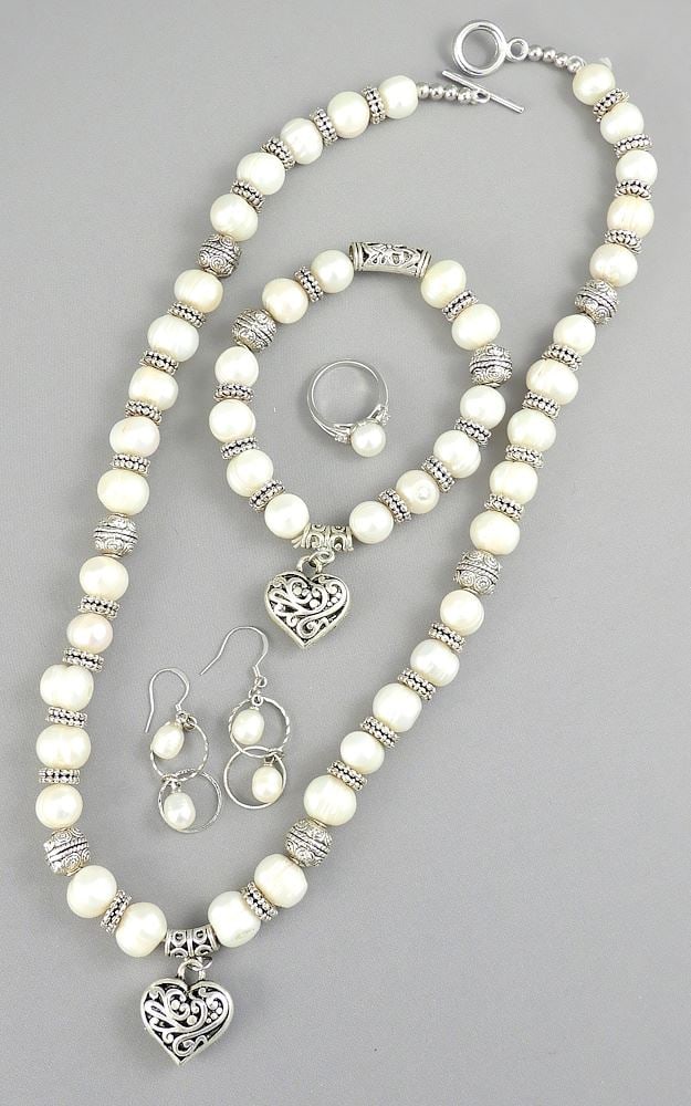 Collection of Freshwater Pearl & Sterling Ring (Size 5) & Earrings w/ White Metal Necklace & Bra: Collection of Freshwater Pearl & Sterling Ring (Size 5) & Earrings w/ White Metal Necklace & Bra