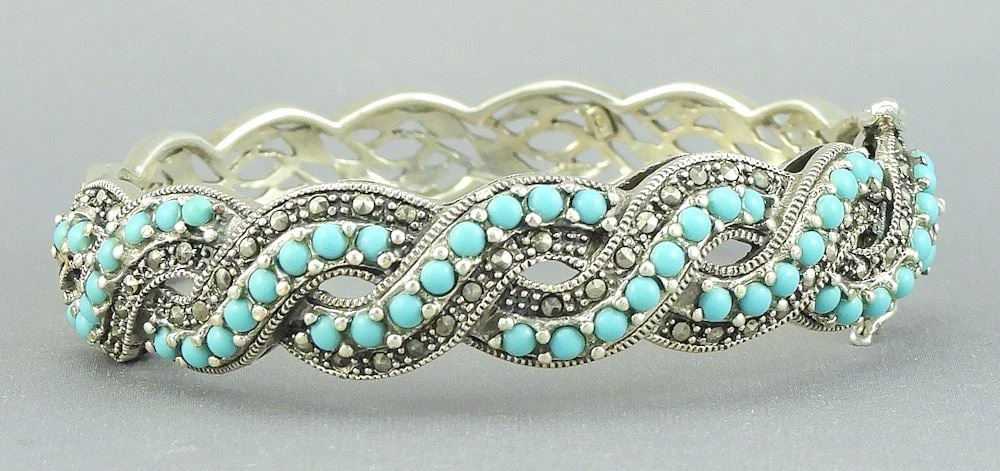 Sterling Silver (925) Marcasite & Turquoise Effect Cabochon Hinged Bracelet, 2 3/4"w, 31.3g.: Sterling Silver (925) Marcasite & Turquoise Effect Cabochon Hinged Bracelet, 2 3/4"w, 31.3g.