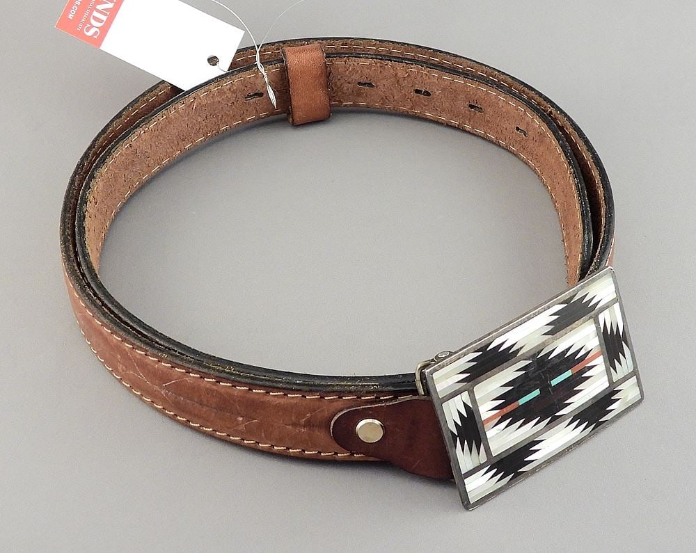 Zuni Inlaid Silver Belt Buckle signed C. Dishta Zuni, 3"L, 50g.: Zuni Inlaid Silver Belt Buckle signed C. Dishta Zuni, 3"L, 50g.