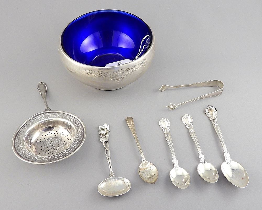 Birks Sterling (marked) Silver Bowl (5 1/8" diam.) & Cutlery Items, One Spoon .800, 290g.: Birks Sterling (marked) Silver Bowl (5 1/8" diam.) & Cutlery Items, One Spoon .800, 290g.
