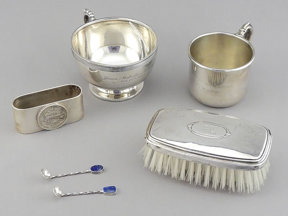 Collection of Sterling Silver Sundries: Cups/Brush/Napkin Ring, TW 237g Excluding Brass. (1 of 5)