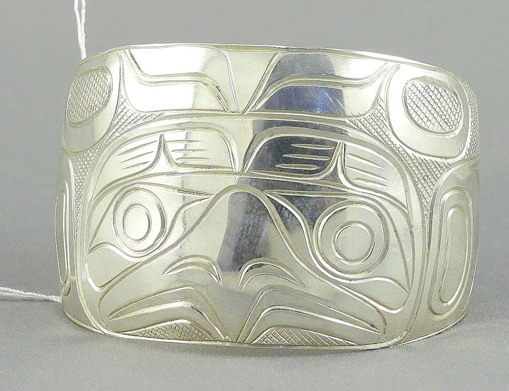 Kwagiulth Silver "Owl" Cuff Bracelet Monogrammed PS (Pat Seaweed), 1 5/8" h, 49g.: Kwagiulth Silver "Owl" Cuff Bracelet Monogrammed PS (Pat Seaweed), 1 5/8" h, 49g.