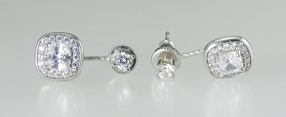 Pair of Platinum Plated 925 Silver Double Earrings (likely white sapphire), 3g.: Pair of Platinum Plated 925 Silver Double Earrings (likely white sapphire), 3g.
