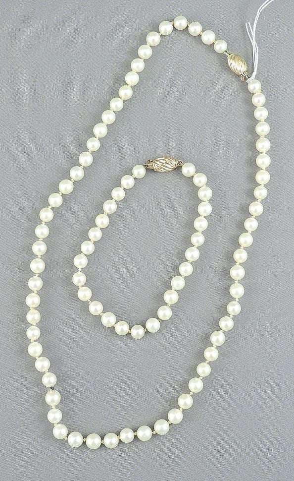 6mm Pearl Necklace & Bracelet w/14K (585) Clasps, 16 & 7"L.: 6mm Pearl Necklace & Bracelet w/14K (585) Clasps, 16 & 7"L.