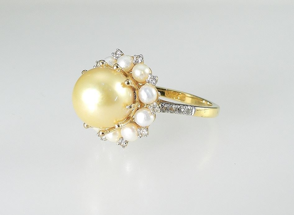 Sterling (925) & Golden South Sea & Freshwater Pearl Ring, Size 8 1/8, 6.2g.: Sterling (925) & Golden South Sea & Freshwater Pearl Ring, Size 8 1/8, 6.2g.