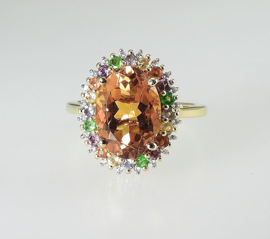 Sterling (925) Madeira Citrine & Multi Gemstone Halo Cocktail Ring, Size 9, 5.7g.: Sterling (925) Madeira Citrine & Multi Gemstone Halo Cocktail Ring, Size 9, 5.7g.