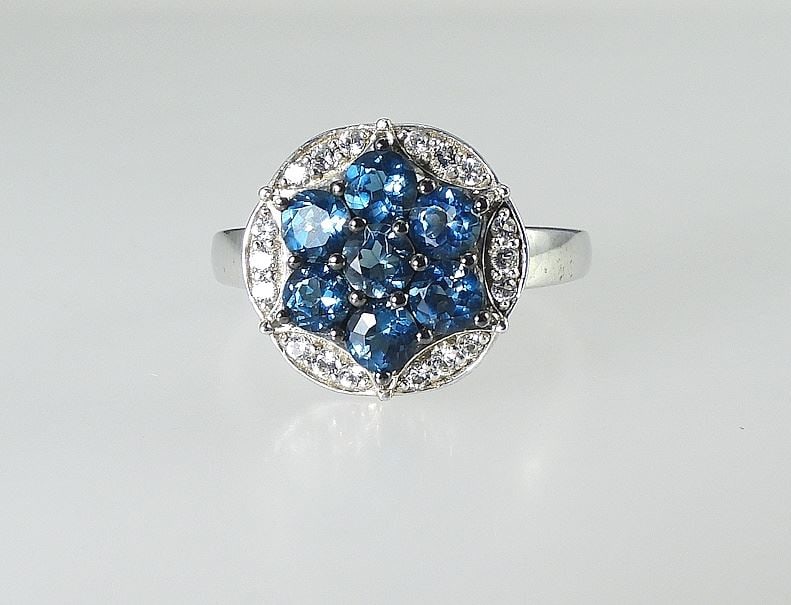 Sterling (925) & London Blue Topaz Florette Ring, Size 9, 4.5g. (1 of 5)