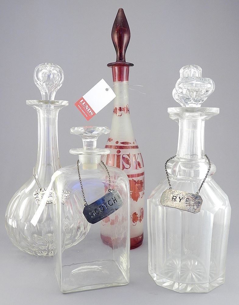 Five Old Decanters (chipped/nibbled variously) w/3 Plated Labels, 8 1/4 - 15 3/4"h. (1 of 3)