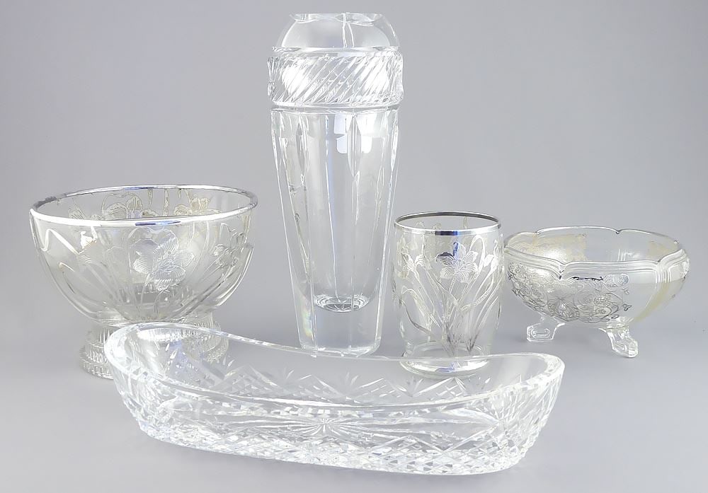 Five Pcs Crystal & Glass: Villeroy & Boch/Waterford/Silver Overlay/Silver Deposit, 2 - 8 7/8"h. (1 of 2)