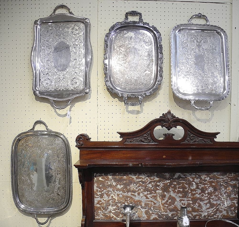 Four Silver Plated Two Handled Serving Trays, 27". (1 of 1)