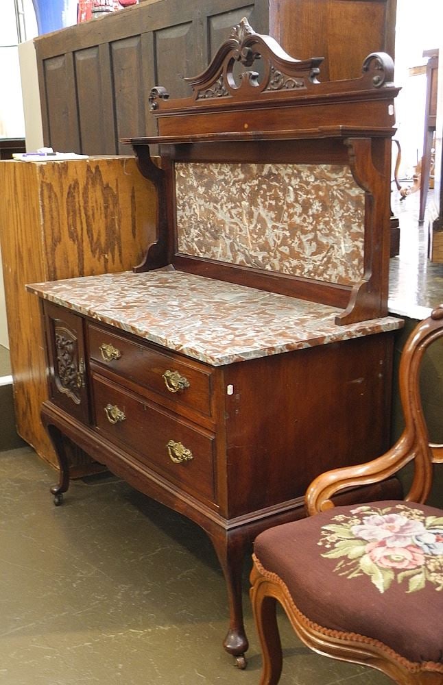 Edwardian Marble Top Wash Stand, 45 1/4"L.: Edwardian Marble Top Wash Stand, 45 1/4"L.