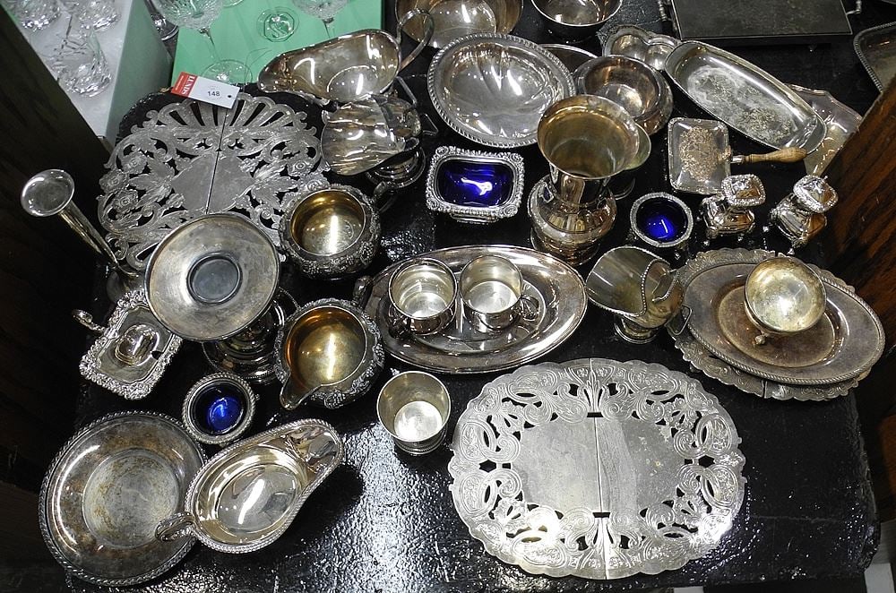 Collection of Estate Silver Plated Sundries Including 5 pc Cobalt Lined Condiment Set. (1 of 1)