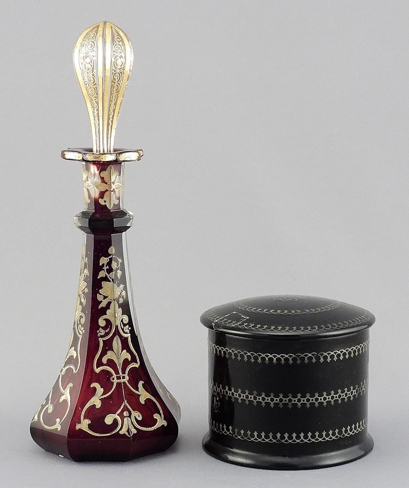 Gilt Cranberry Glass Dresser Bottle (8"L) w/Papier Mache Box (as found). (1 of 2)