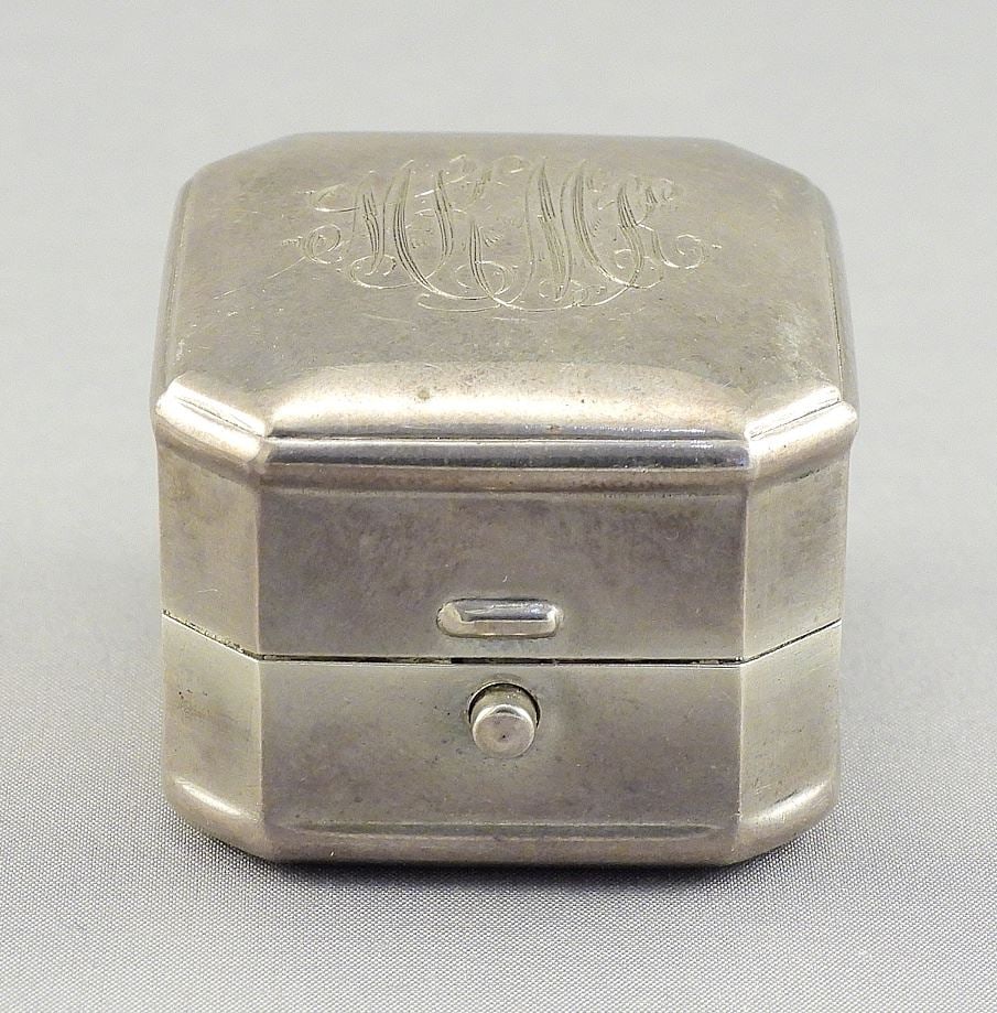 Birks Sterling Silver Square Ring Box, Monogrammed/Inscribed, 1 1/8"h, 40g.: Birks Sterling Silver Square Ring Box, Monogrammed/Inscribed, 1 1/8"h, 40g.