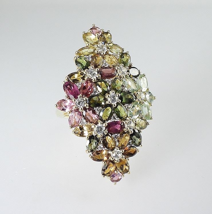 Gilt Silver (925) Tourmaline & White Zircon Cocktail Ring, Size 6, 10.5g.: Gilt Silver (925) Tourmaline & White Zircon Cocktail Ring, Size 6, 10.5g.