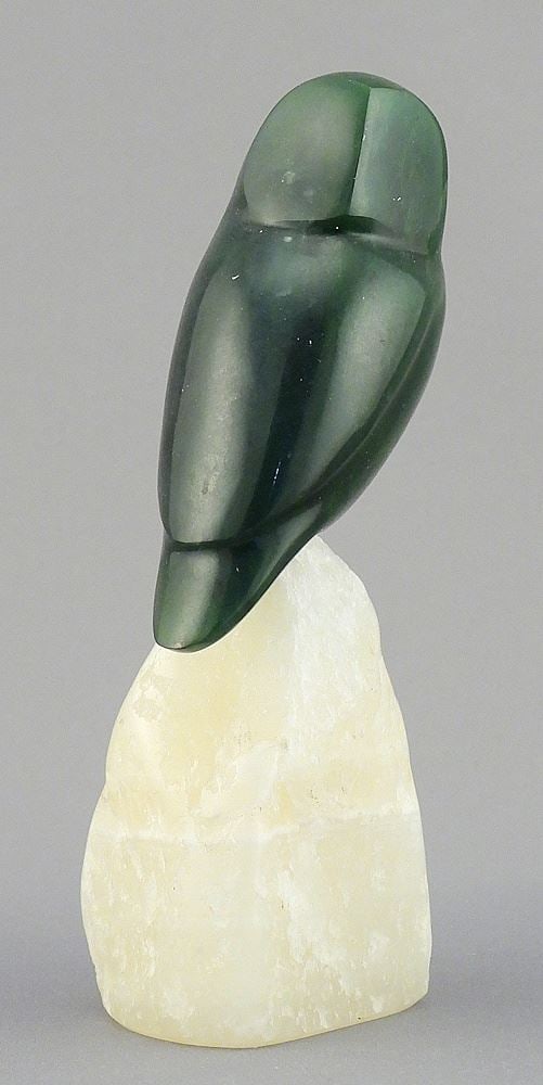 Jade & White Stone Owl Carving Monogrammed QB 076, 4 3/4"h. (1 of 4)