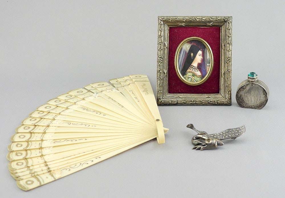 Collection of Sterling Silver (marked) Scent Bottle & Pin (25g) w/ Miniature & Celluloid Fan. (1 of 6)
