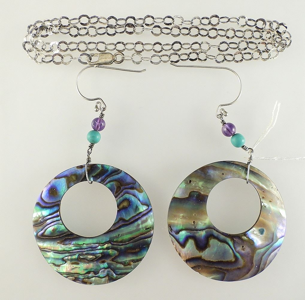 Large Silver Amethyst & Turquoise Hoop Earrings & Sterling (925) Chain: Large Silver Amethyst & Turquoise Hoop Earrings & Sterling (925) Chain