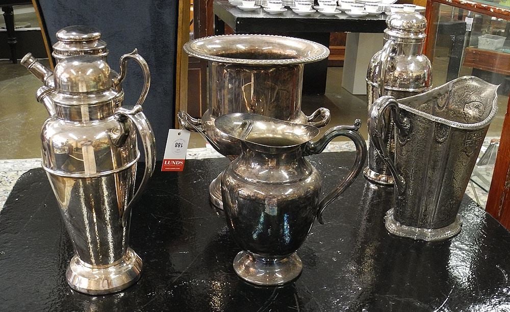 Collection of Estate Silver Plated Hollow Wares: 3 Cocktail-2 Pitchers- Wine Cooler, 8 1/8-12 3/4": Collection of Estate Silver Plated Hollow Wares: 3 Cocktail-2 Pitchers- Wine Cooler, 8 1/8-12 3/4"