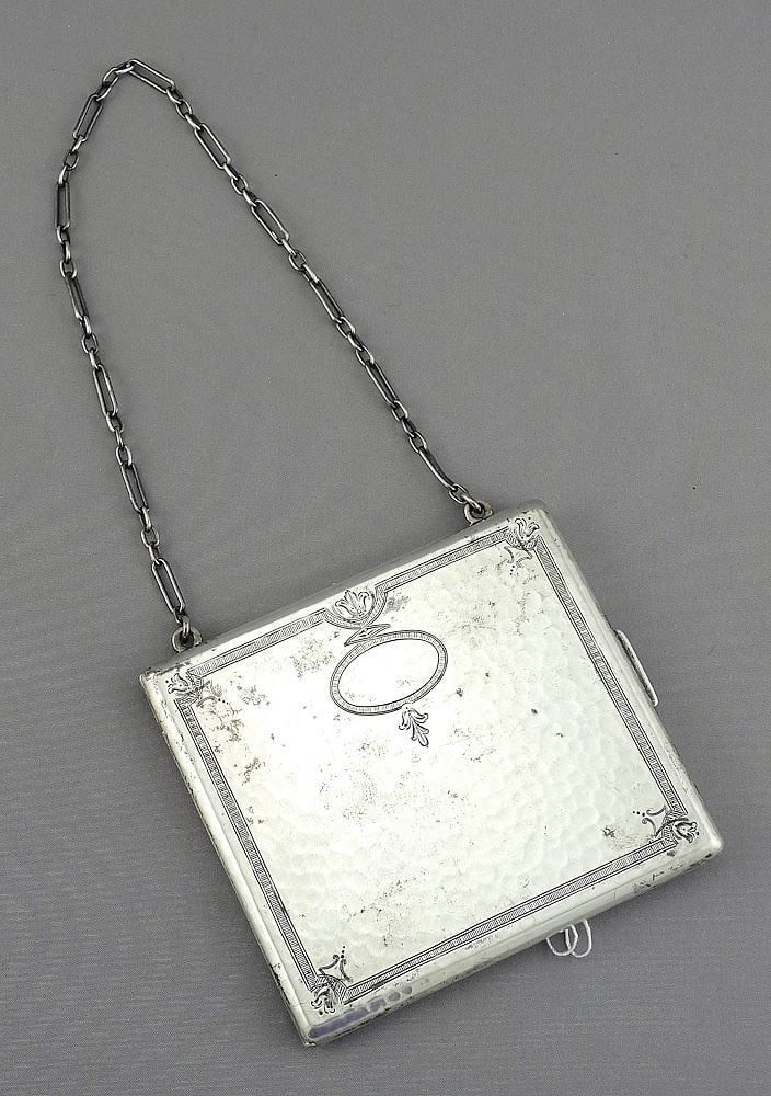 Sterling (marked) Silver Cigarette Case on Chain, 3 1/2"w, 104g. (1 of 4)