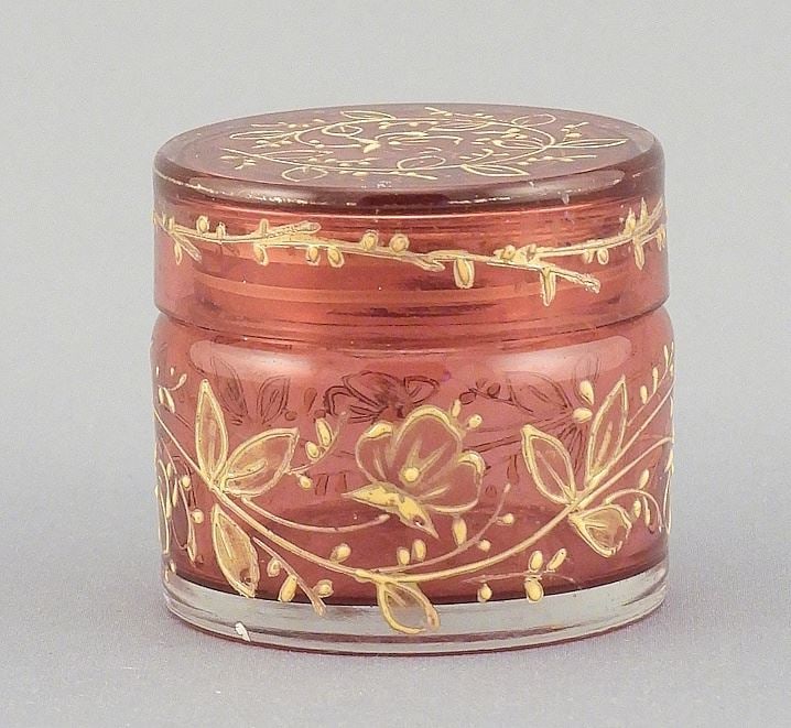 19th C. Gilt Cranberry Glass Dresser Jar, 1 1/2 x 1 1/2". (1 of 2)