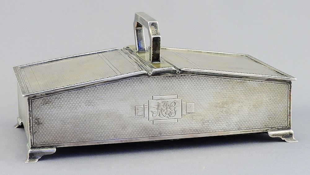 Hallmarked Silver Cigarette Box, 3 1/2 x 8 1/8 x 4 3/4", 729g (handle noted). (1 of 4)