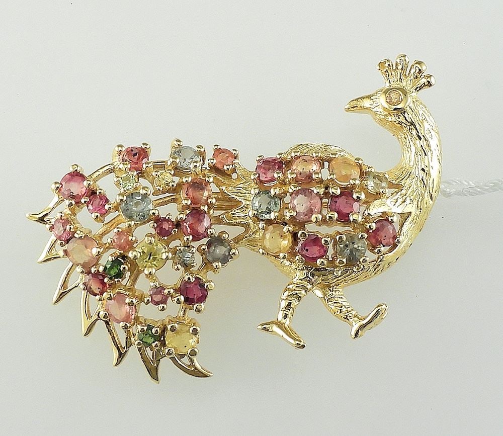 Gilt Silver (925) & Multi Sapphire "Peacock" Brooch, 1 3/4"L, 10.3g.: Gilt Silver (925) & Multi Sapphire "Peacock" Brooch, 1 3/4"L, 10.3g.